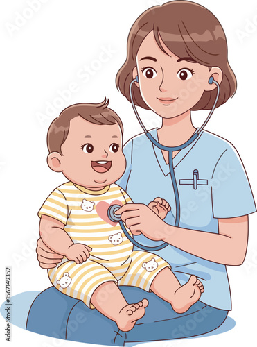 A friendly nurse examines a happy baby with a stethoscope.