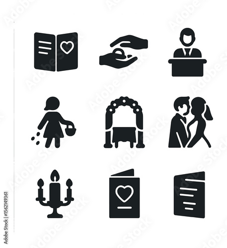 Wedding Ceremony Icons. Solid, filled icons set of wedding ceremony: vow book, ring exchange, altar, officiant