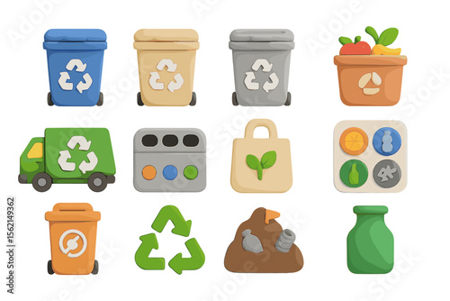 Eco-friendly recycling and waste management icons in soft colors