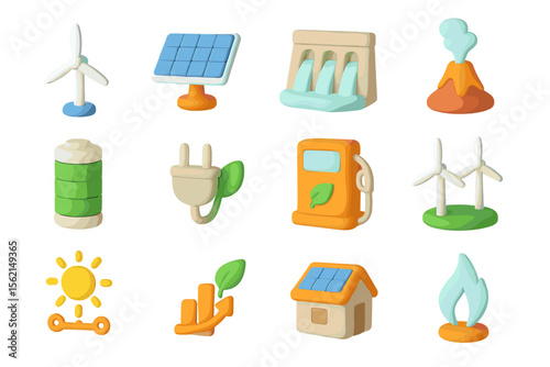 Renewable energy icons including wind, solar, hydro, and geothermal elements