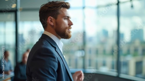 A man delivers a business presentation in a modern conference room while the attentive audience listens and takes notes.