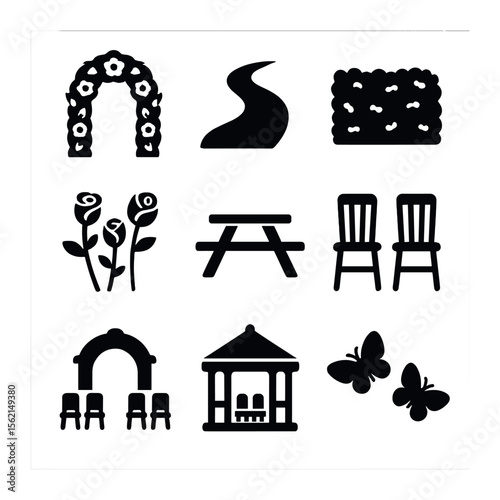Garden Wedding Icons. Solid, filled icons set of garden wedding: flower arch, garden path, green hedge, roses,