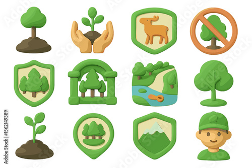 Nature icons set featuring trees, animals, and landscapes in clay style