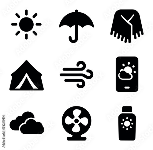 Wedding Weather Icons. Solid, filled icons set of wedding weather prep: sun icon, umbrella, shawl, tent,