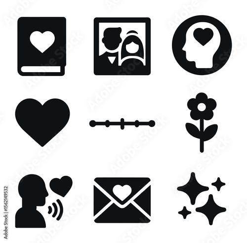 Wedding Storytelling Icons. Solid, filled icons set of wedding storytelling: vows book, couple photo, memory