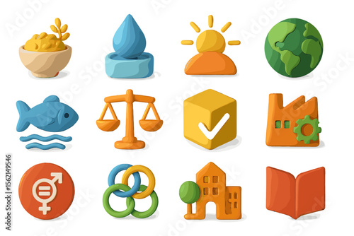 Colorful clay icons representing sustainability and global concepts