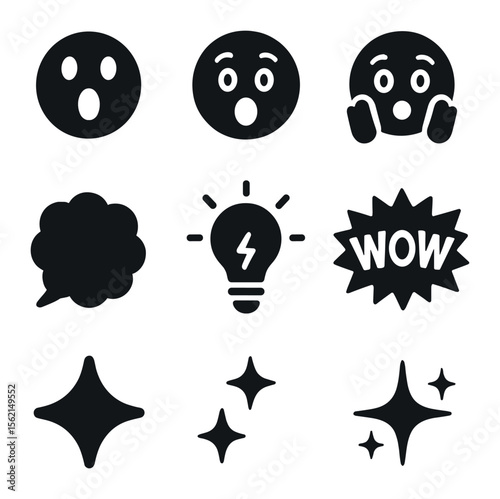 Surprise Reaction Icons. Solid, filled icons set of surprise reactions: exclamation face, open mouth, raised