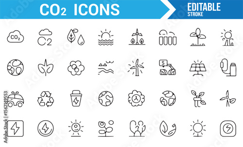 Collection of green energy and CO2 reduction icons for sustainability-focused designs.