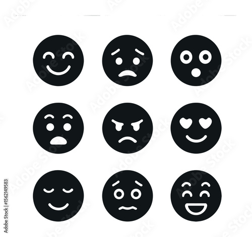 9 Emotional Icons. Solid, filled icons set of emotional expressions: joy, sadness, surprise, fear, anger, love