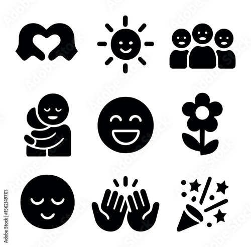 Feel-Good Icons Grid. Solid, filled icons set of feel-good moments: hand heart, sun icon, smiling group, hug,