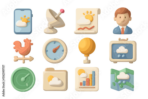Cute 3d weather icons including radar, balloon, forecast, and meteorology elements