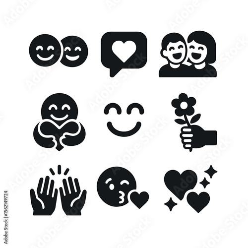 Relationship Joy Icons. Solid, filled icons set of relationship joy: shared smile, love bubble, couple laugh,