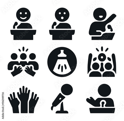 Public Speaking Icons. Solid, filled icons set of public speaking emotions: nervous smile, wow face, excited