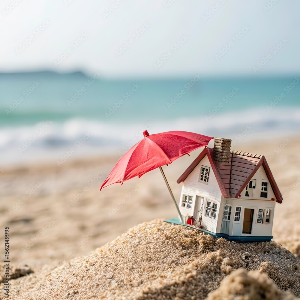 Naklejka premium Miniature house and umbrella on beach, blue sea and sky on blurred background. Vacation home for happy holiday for family.
