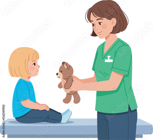A kind nurse gently offers a teddy bear to a young child during a checkup.