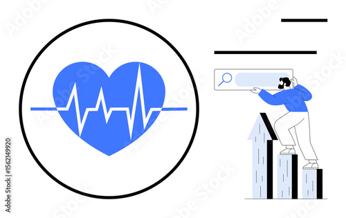 Heart symbol with pulse line inside circle, man pointing at magnifier above graph arrows. Ideal for health tracking, data analytics, progress goals, medical stats, technology, business growth, simple