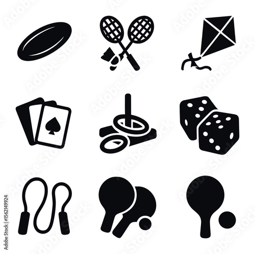 Picnic Games Icons. Solid, filled icons set of picnic games: frisbee, badminton, kite, ball, cards, ring toss,