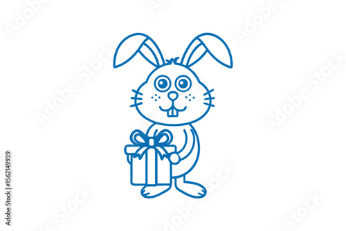 Blue outlined bunny holds a present with a bow; a whimsical sketch for celebrations