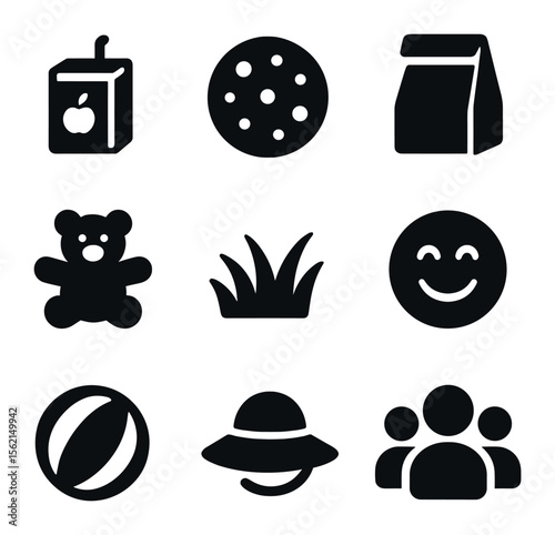 Kids Picnic Icons. Solid, filled icons set of kids picnic: juice box, cookie, lunch bag, toy, grass, laughter,