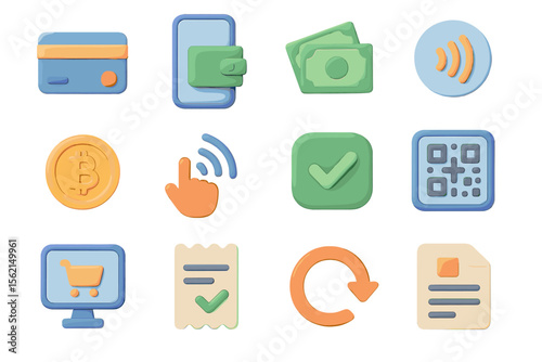 Colorful digital payment icons: cards, qr codes, bitcoin, and more