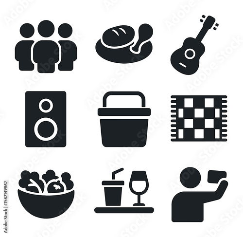 Group Picnic Icons. Solid, filled icons set of group picnic: people icon, shared food, guitar, speaker, cooler