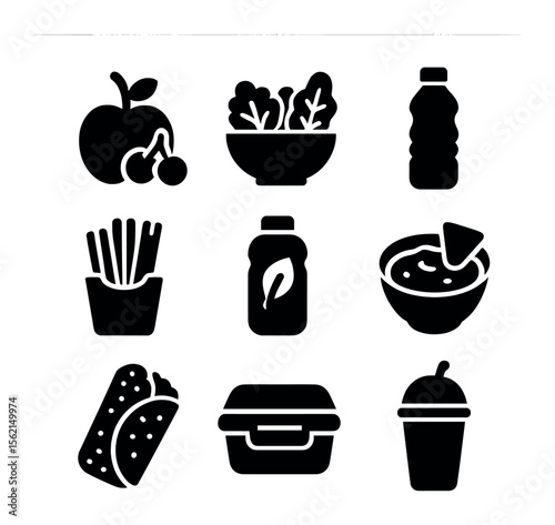 Healthy Picnic Icons. Solid, filled icons set of healthy picnic: fruit, salad bowl, veggie sticks, water