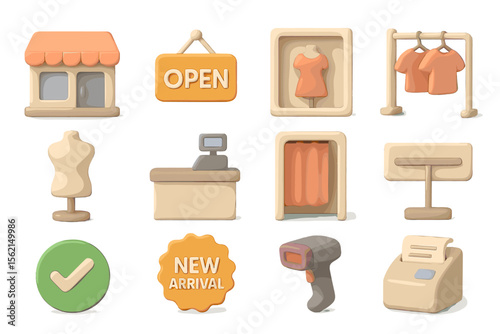 Stylized shopping icons: storefront, open sign, clothing, register, new arrival