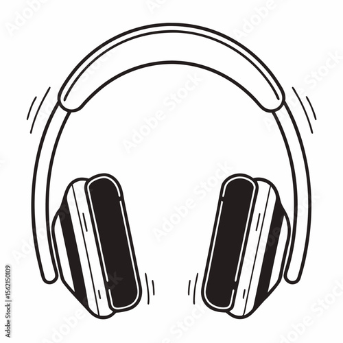Stylized black and white illustration of headphones with sound waves