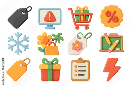 Colorful 3d shopping and sales icons with cart, gift, and discount symbols