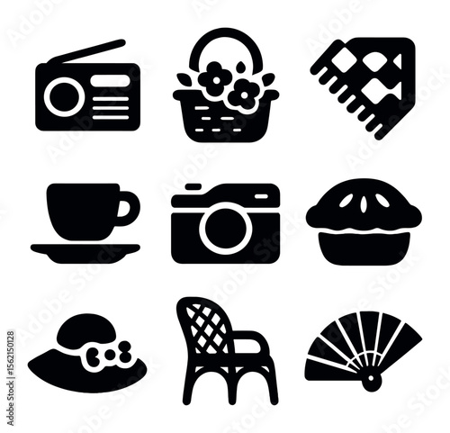 Vintage Picnic Icons. Solid, filled icons set of vintage picnic: radio, floral basket, checkered cloth, tea