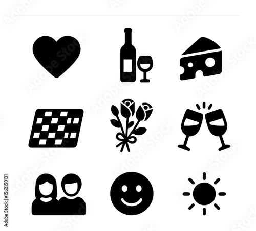Romantic Picnic Icons. Solid, filled icons set of couples picnic: heart icon, wine, cheese, shared blanket,