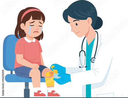 A doctor tending to a crying child's injured knee, applying a bandage.