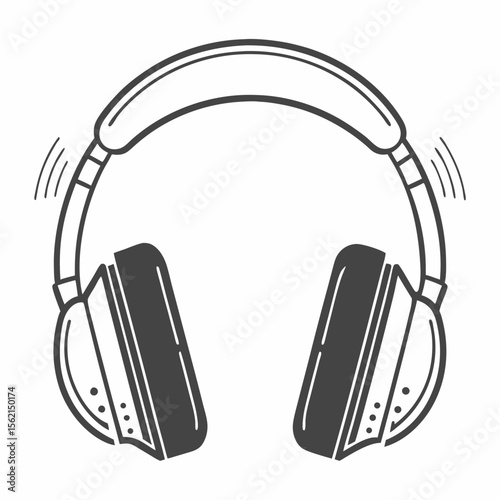 Stylized black and white drawing of headphones with sound waves emanating