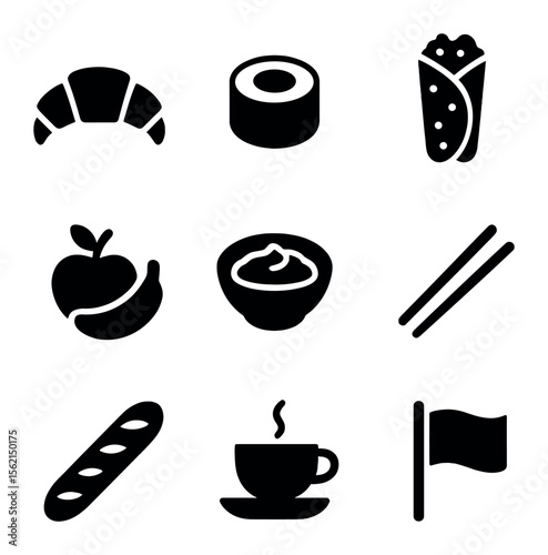 International Picnic Icons. Solid, filled icons set of international picnic: croissant, sushi roll, tortilla