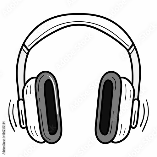 Stylized black and white illustration of modern headphones with sound waves