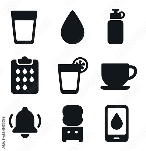 Hydration Icons Grid. Solid, filled icons set of hydration habits: water glass, droplet, refill bottle,