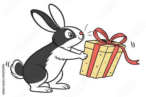 Cute cartoon bunny holds polka dot present with coral ribbon and bow tenderly