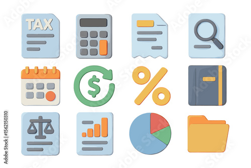 Finance and tax icons set featuring calculator and graph symbols