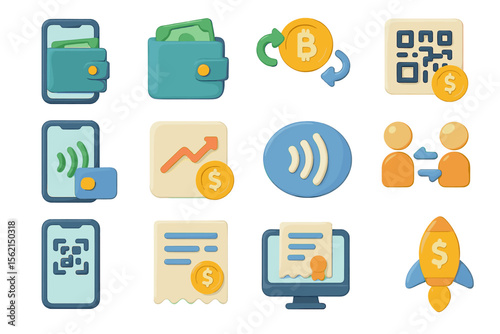 Digital finance icons displaying cryptocurrency and mobile payment elements