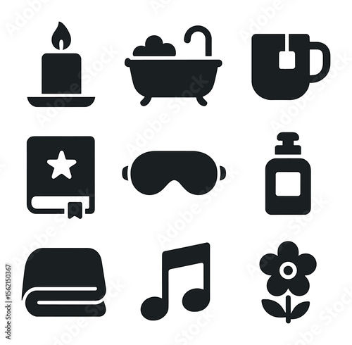 Self-Care Icons. olid, filled icons set of stretching exercises: hamstring stretch, shoulder roll, arm circle,