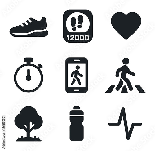 Walking Health Icon Set. olid, filled icons set of walking for health: sneakers, step counter, heart icon,
