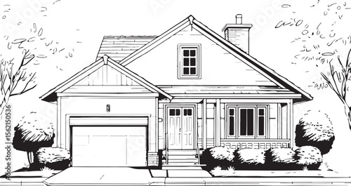 Black and white illustration of a suburban house, vector drawing