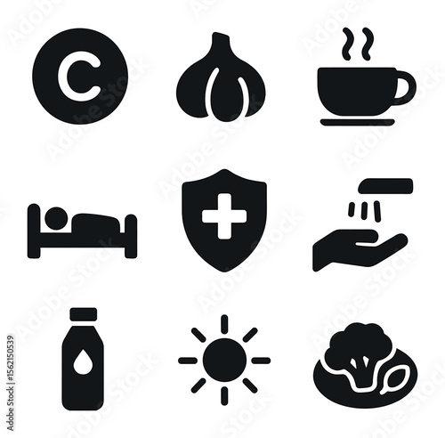 Immunity Boost Icons. olid, filled icons set of immunity support: vitamin C, garlic, green tea, sleep, hand