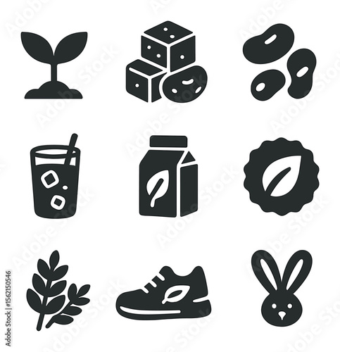 Vegan Lifestyle Icons. olid, filled icons set of vegan lifestyle: plant icon, tofu, legumes, smoothie, plant