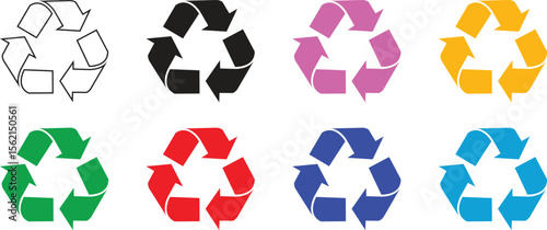 Recycle symbols. Recycling arrow icons. Reusing symbols. Recycling label. Recycle badge. Recycling icons. Recycle, reuse and reduce icons.