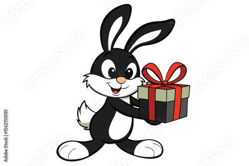 Cartoon bunny with black fur happily presents a wrapped gift with a red ribbon