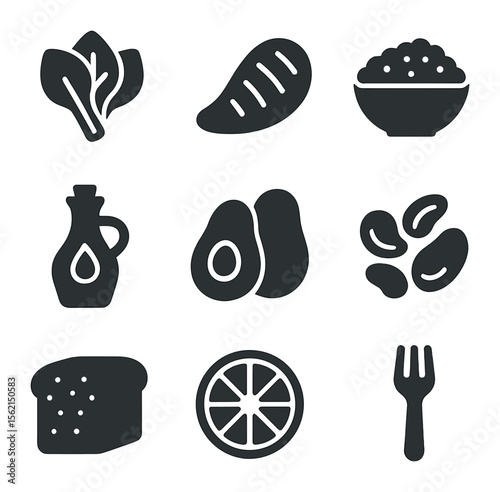 Clean Eating Icons. olid, filled icons set of clean eating: leafy greens, grilled chicken, quinoa bowl, olive