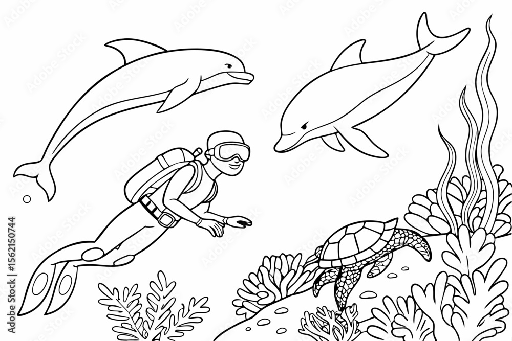 Fototapeta premium An underwater hero swimming with dolphins and turtles, protecting the coral reef from pollution. Clean line art for a coloring page, detailed underwater scene, black and white