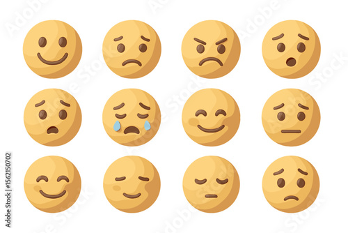 Set of twelve emoji faces expressing various emotions on gold background