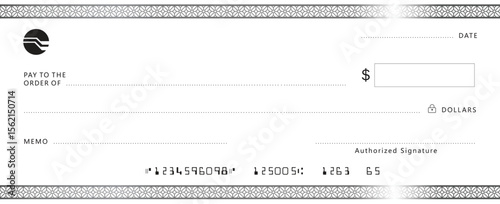 Blank bank check, checkbook cheque template with blue guilloche, vector mockup. Money payment bank check voucher or pay cash cheque certificate, account bill paycheck	